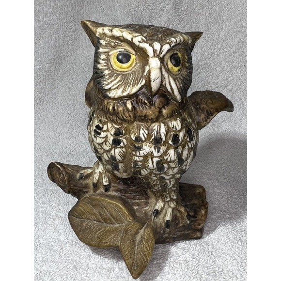 Vintage Homco Porcelain Brown Owl On Log With Raised Wings 5" Figurine #1114 - Picture 1 of 6